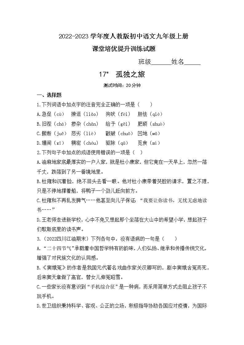 第17课《孤独之旅》同步练习  2022—2023学年部编版语文九年级上册(含答案)01