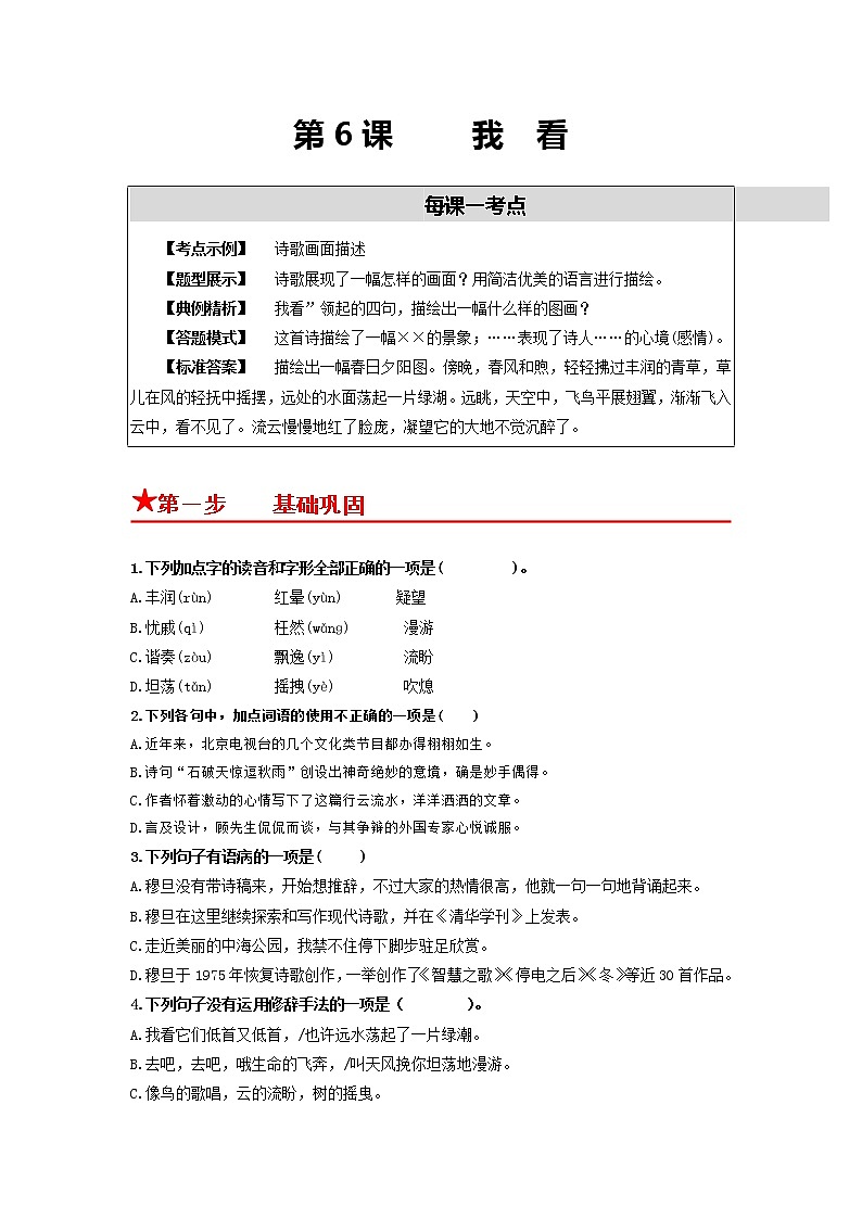 第6课 我 看-2022-2023学年九年级语文上册同步考点基础+提升+拓展三步通关（部编版） 试卷01