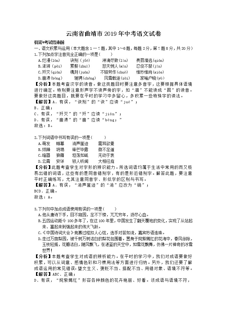 2019年云南省曲靖市中考语文试题（word版，含解析）01
