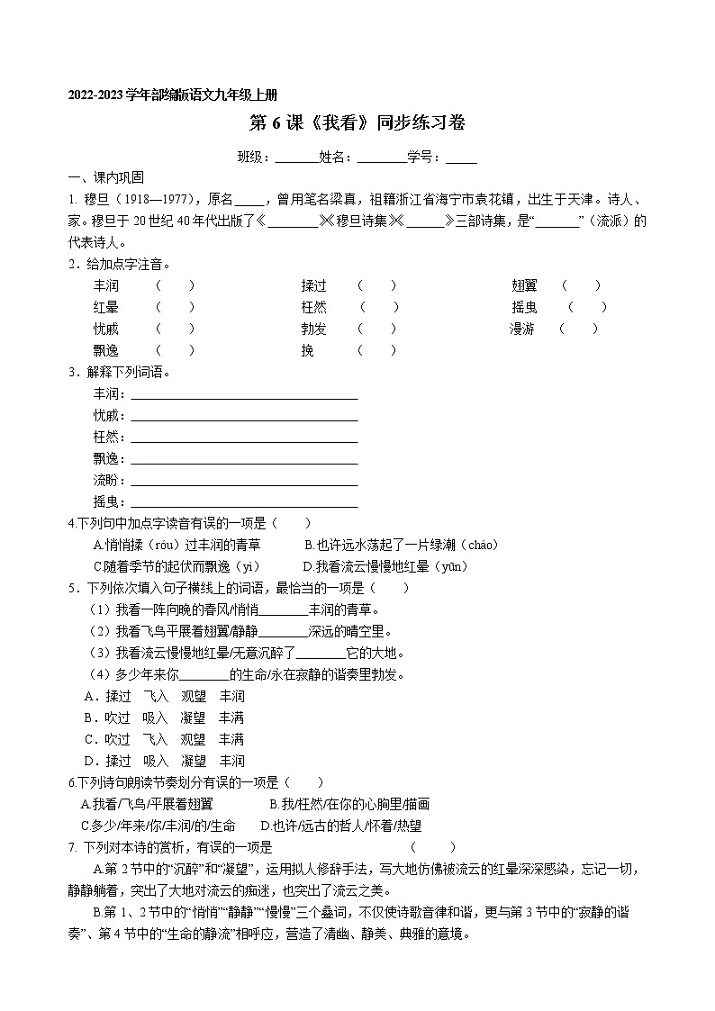 第6课《我看》同步练习卷 2022-2023学年部编版语文九年级上册01