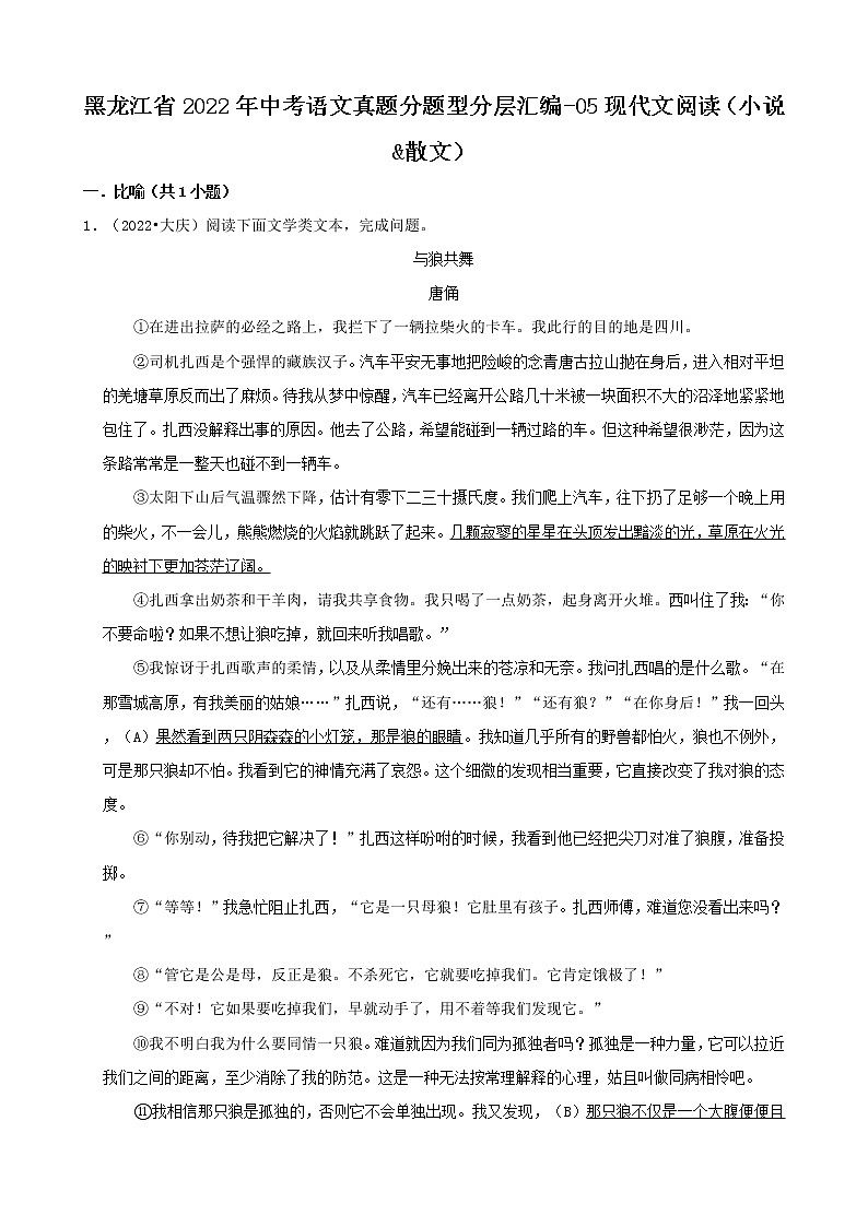 黑龙江省2022年中考语文真题分题型分层汇编-05现代文阅读（小说&散文）第1页