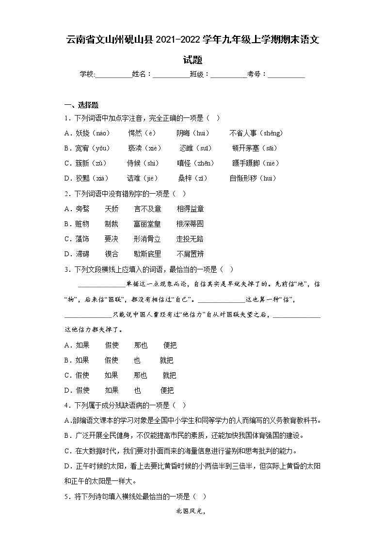 云南省文山州砚山县2021-2022学年九年级上学期期末语文试题(含答案)01