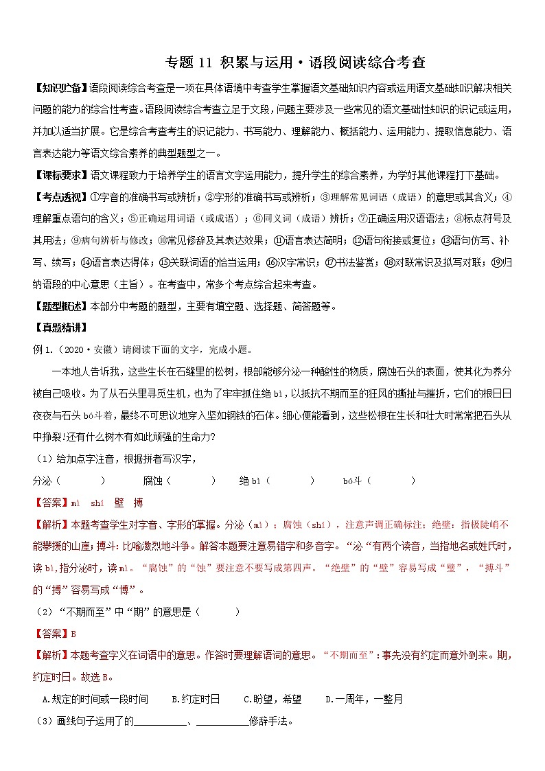 积累与运用 语段阅读综合考查（教师版） 备战2023年中考部编版语文专题复习精编讲义第1页