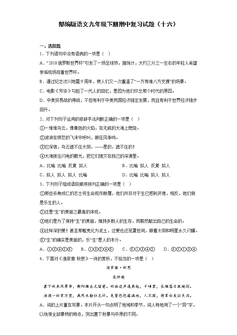 部编版语文九年级下册期中复习试题（十六）01