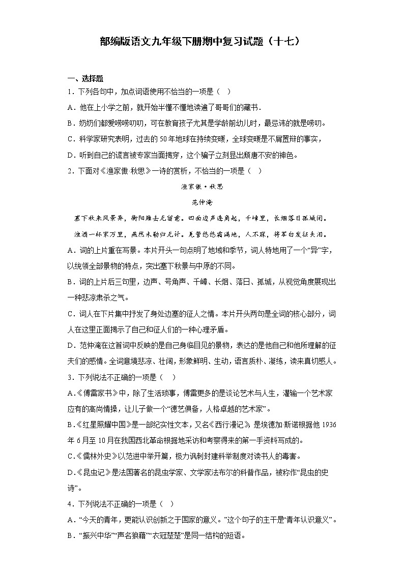 部编版语文九年级下册期中复习试题（十七）第1页