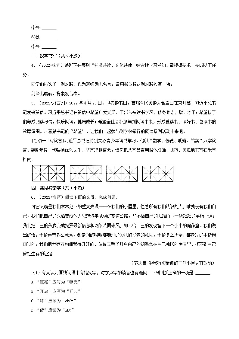 湖南省各市2022年中考语文真题分题型分层汇编-03基础积累02