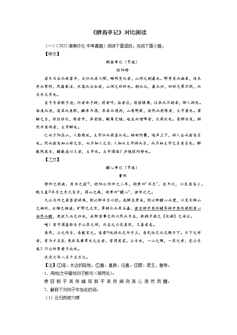 2022-2023学年九年级语文上册知识梳理与能力训练-04《醉翁亭记》对比阅读01