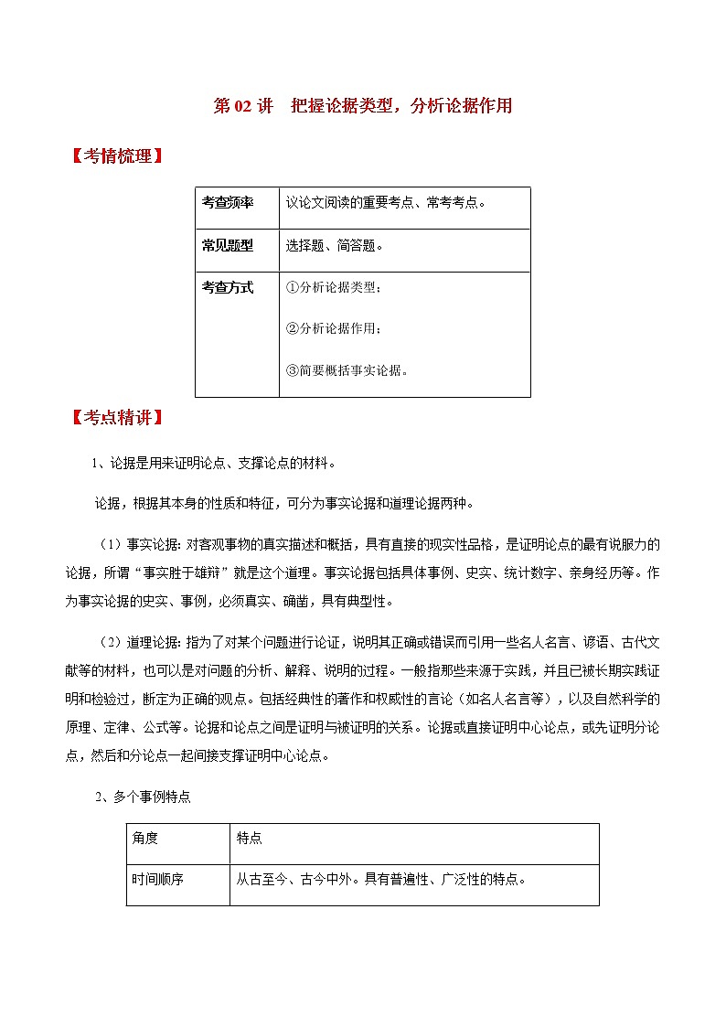 2022年中考语文议论文阅读高分突破 第02讲 把握论据类型，分析论据作用 试卷练习01