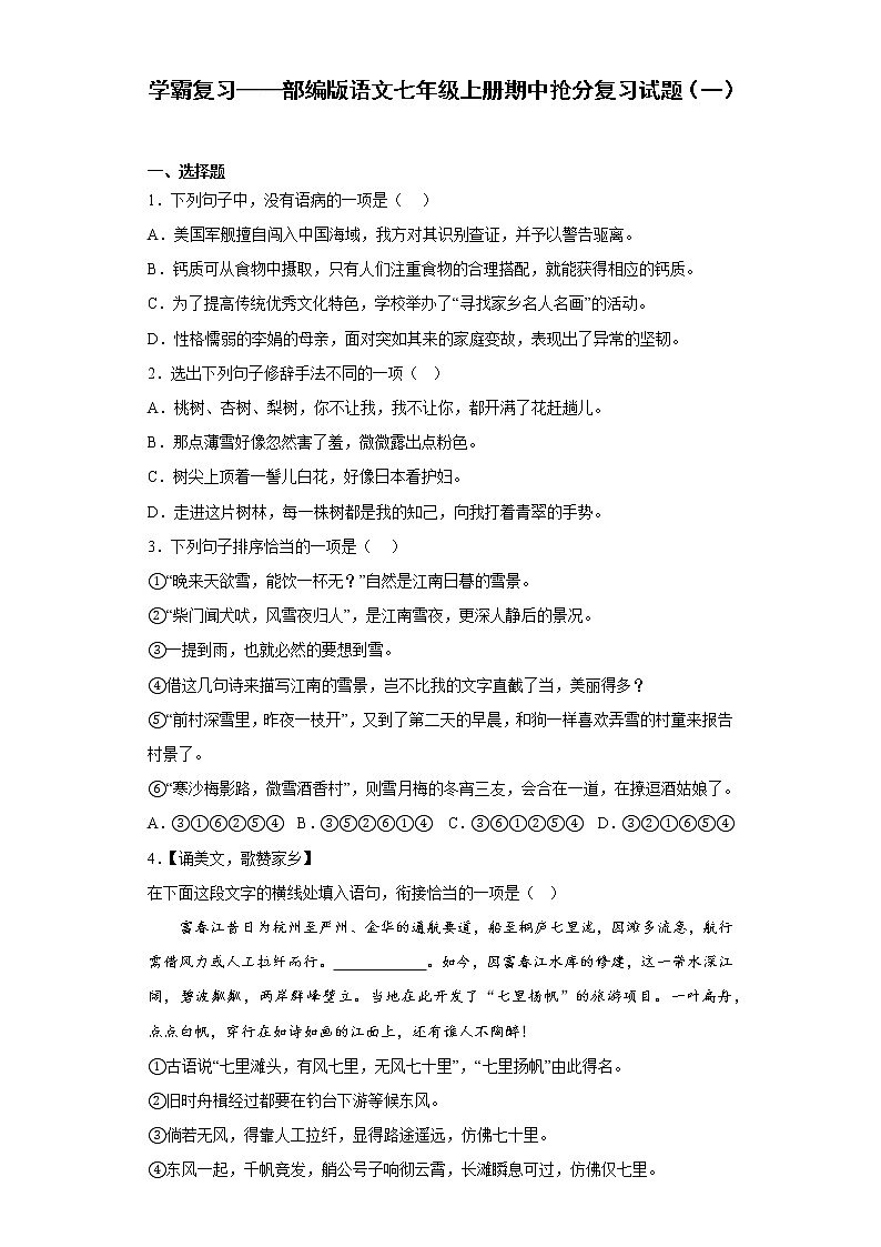 学霸复习——部编版语文七年级上册期中抢分复习试题（一）01