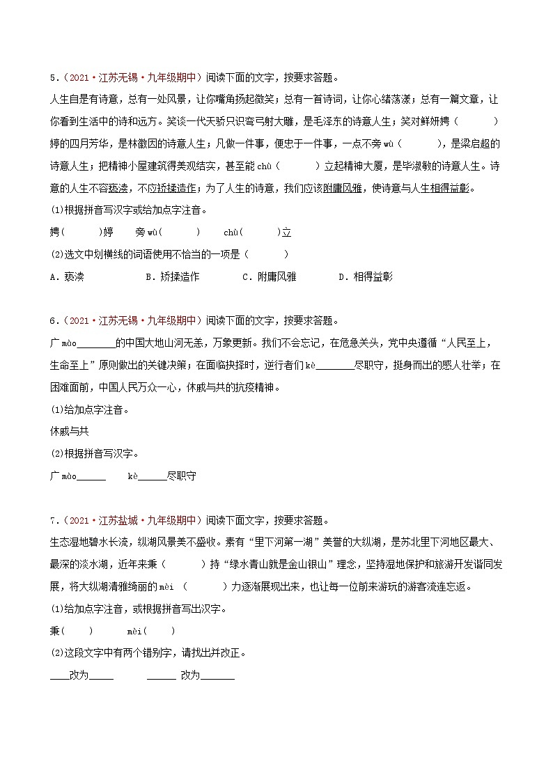 2022-2023学年九年级语文上学期期中专题复习01 基础知识综合（含答案解析）第3页