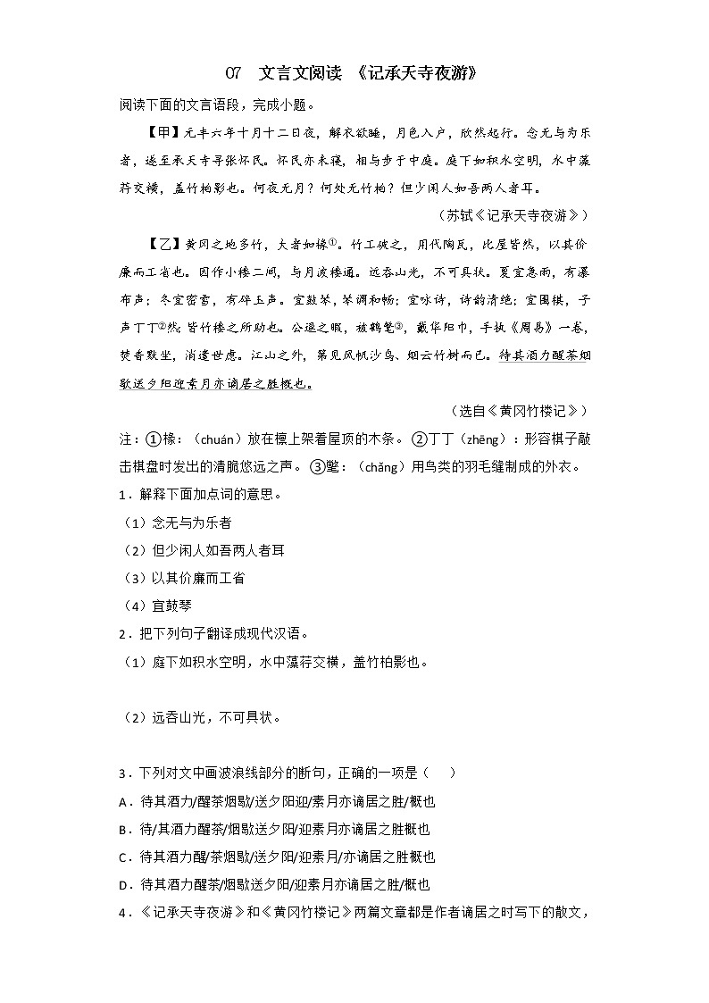 2022年部编版八年级语文上册期中复习专题07 文言文阅读《记承天寺夜游》第1页