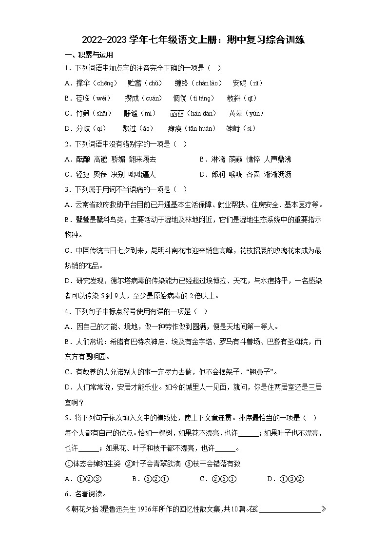 期中复习综合训练 2022-2023学年部编版语文七年级上册(含答案)第1页