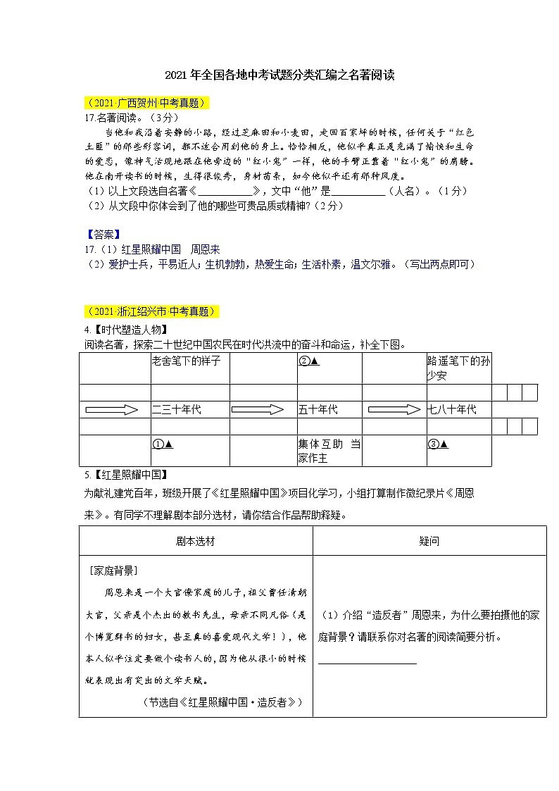 2021年全国各地中考试题分类汇编：名著阅读第1页