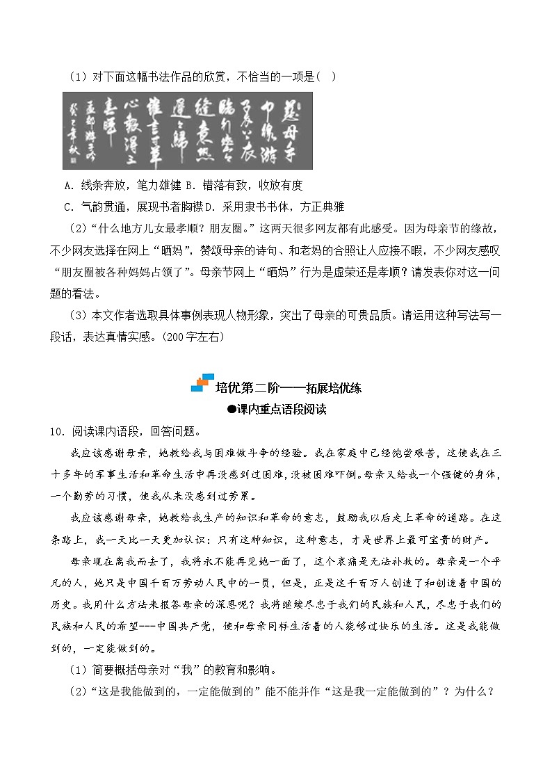 【培优分级练】部编版语文八年级上册 第07课《回忆我的母亲》培优分级练（原卷版）第3页