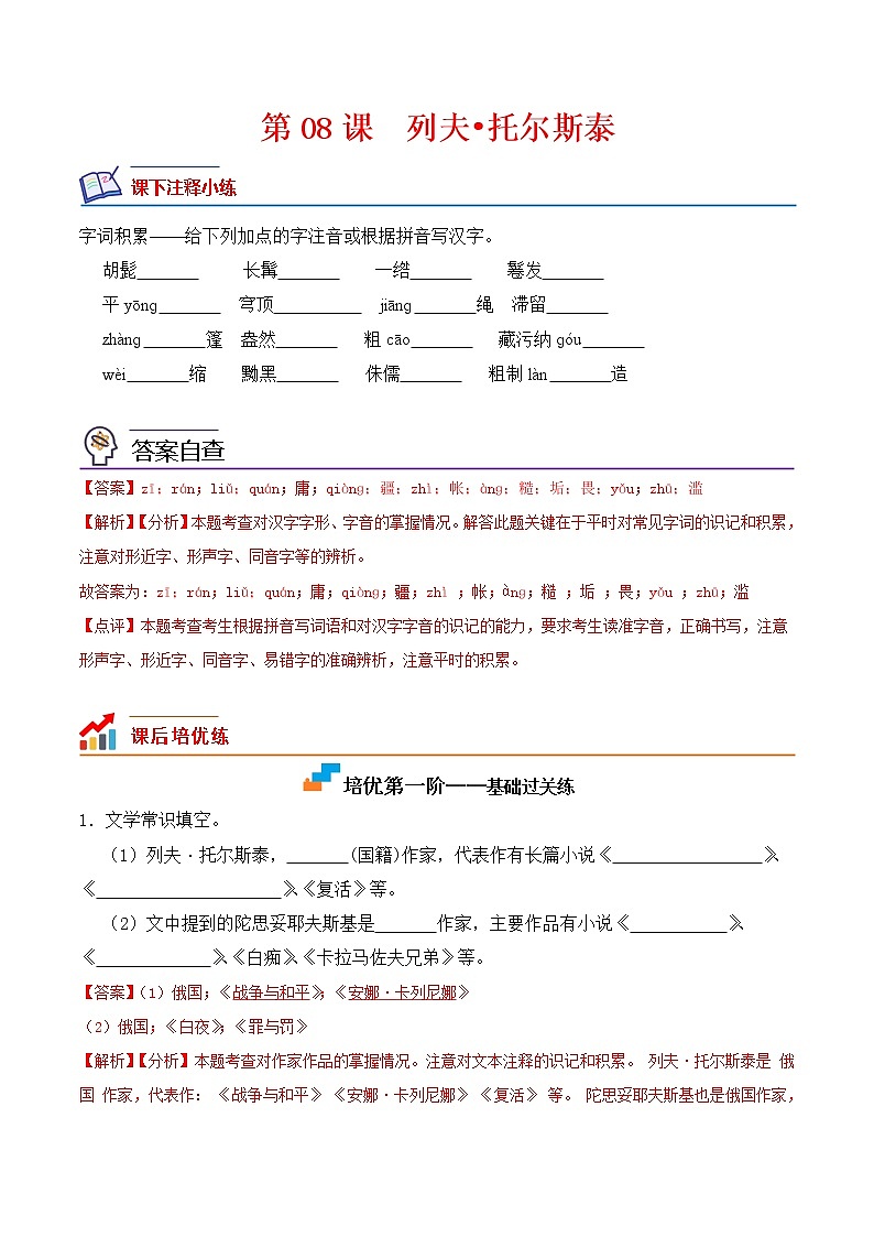 【培优分级练】部编版语文八年级上册 第08课《列夫托尔斯泰》培优分级练（含解析）01