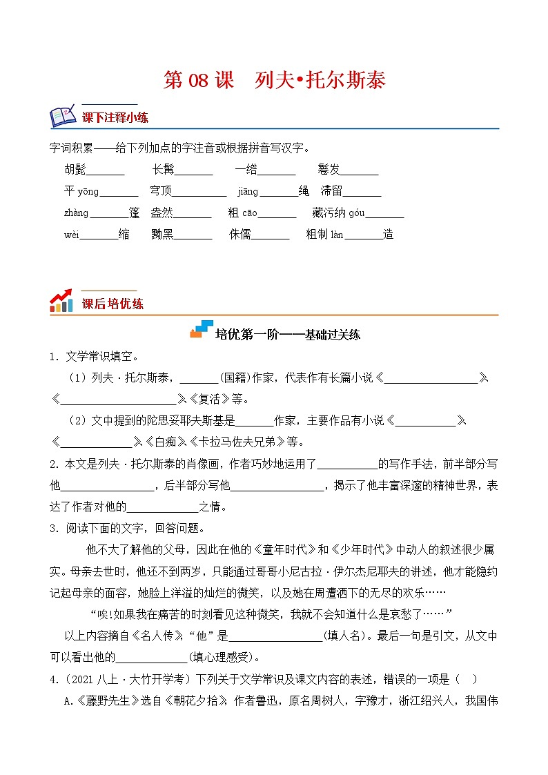 【培优分级练】部编版语文八年级上册 第08课《列夫托尔斯泰》培优分级练（含解析）01
