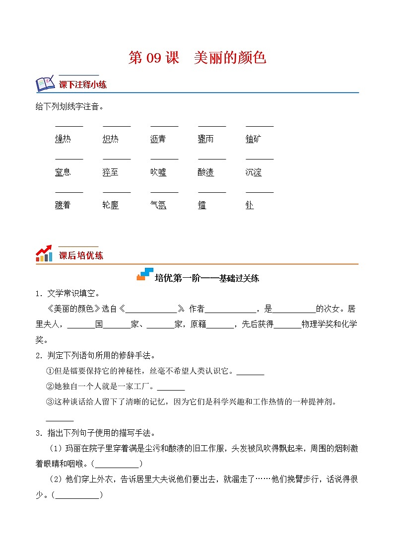 【培优分级练】部编版语文八年级上册 第09课《美丽的颜色》培优分级练（含解析）01