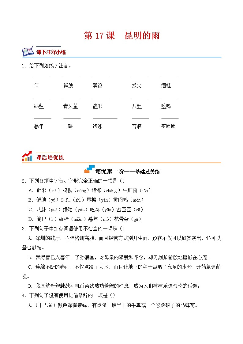 【培优分级练】部编版语文八年级上册 第17课《昆明的雨》培优分级练（含解析）01