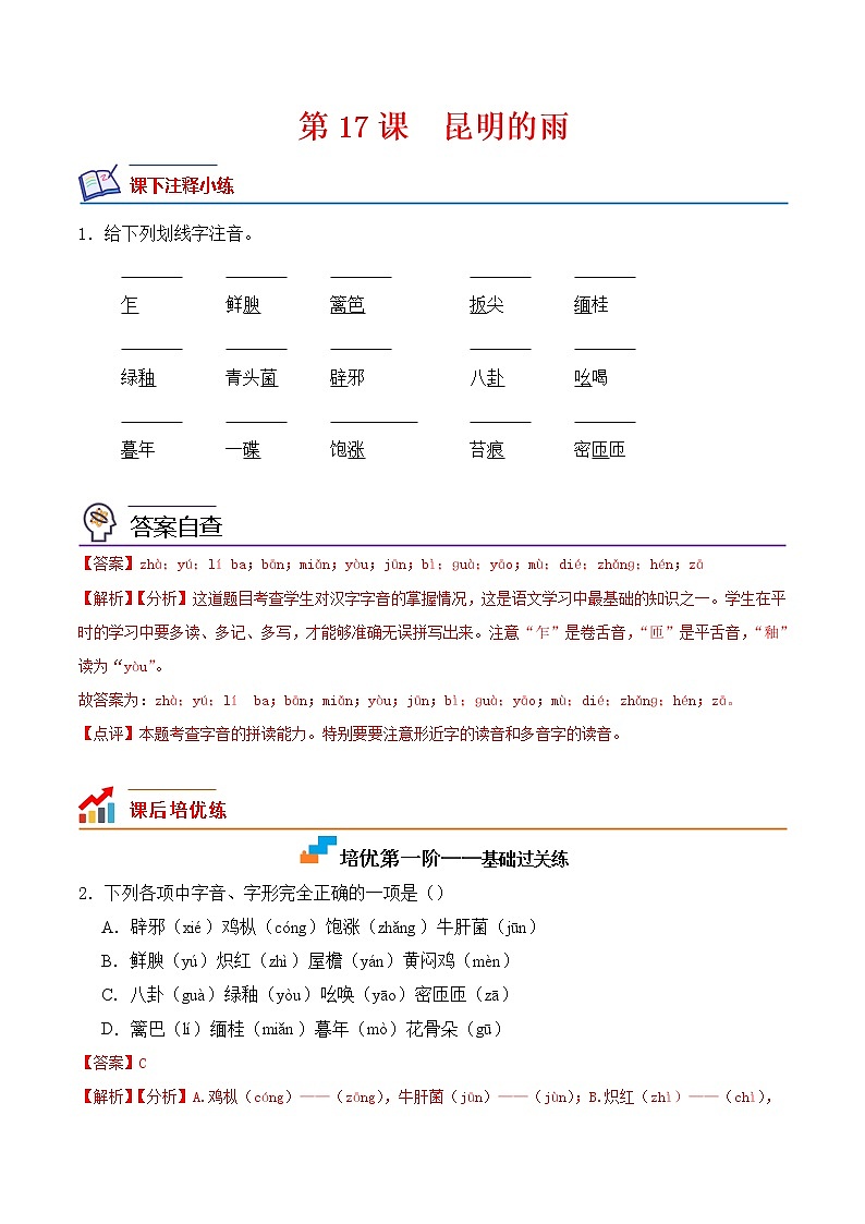 【培优分级练】部编版语文八年级上册 第17课《昆明的雨》培优分级练（含解析）01