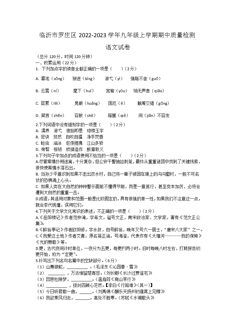 山东省临沂市罗庄区2022-2023学年九年级上学期期中质量检测语文试卷(含答案)01