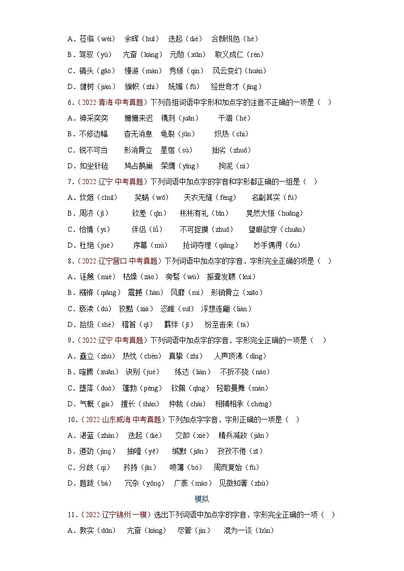 字音及字形2022年真题及模拟  备战2023年中考语文（原卷版）第2页