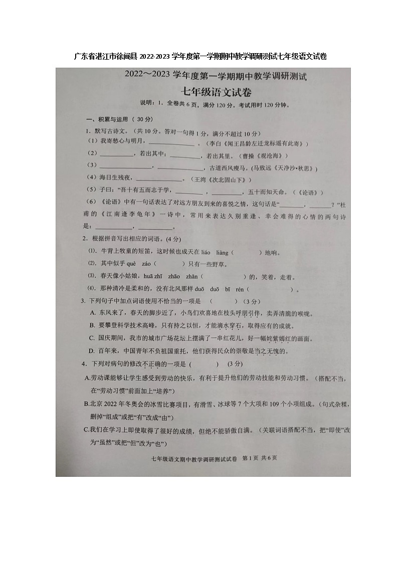 广东省湛江市徐闻县2022-2023学年七年级上学期期中教学调研测试语文试卷01
