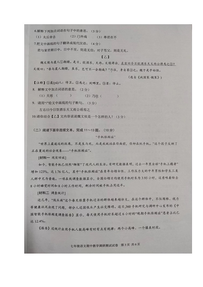 广东省湛江市徐闻县2022-2023学年七年级上学期期中教学调研测试语文试卷03