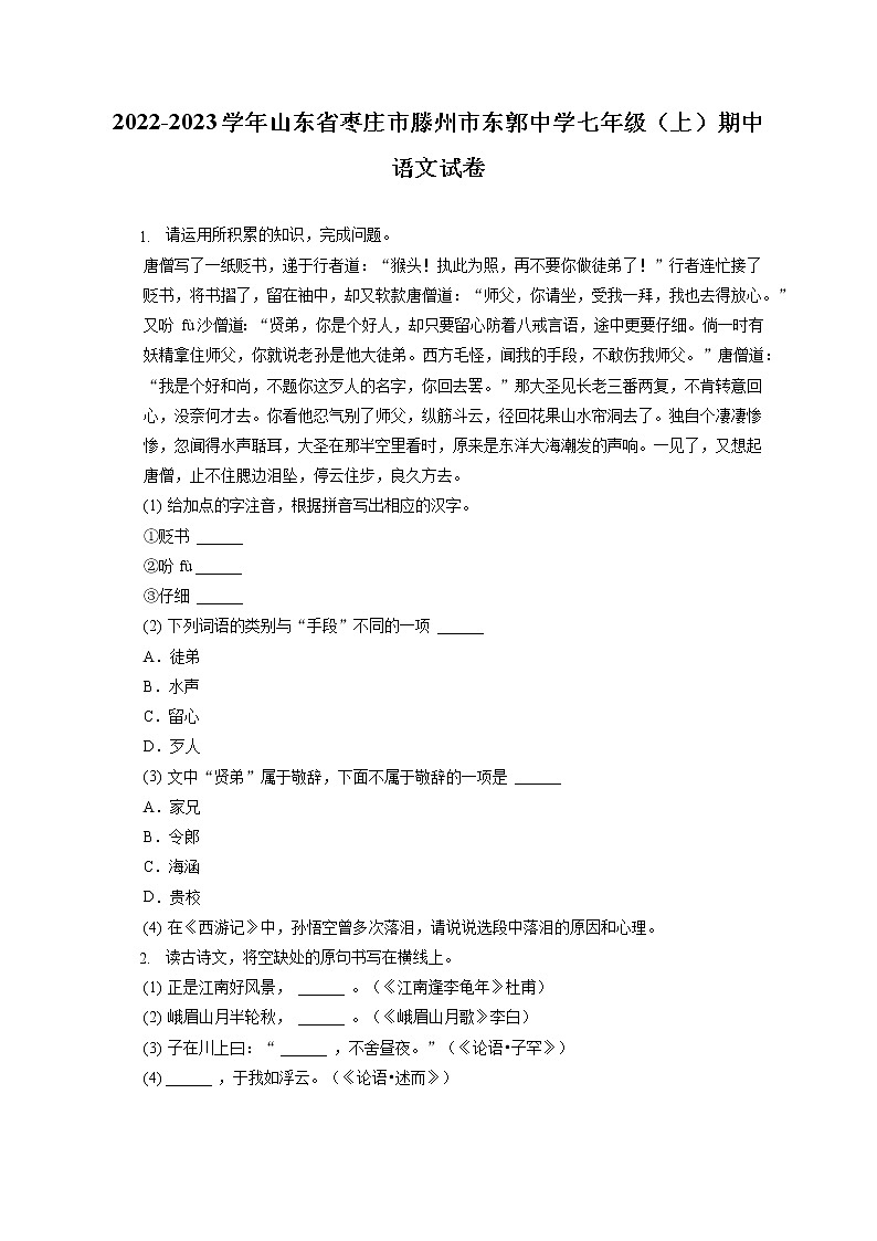 2022-2023学年山东省枣庄市滕州市东郭中学七年级（上）期中语文试卷（含答案解析）01