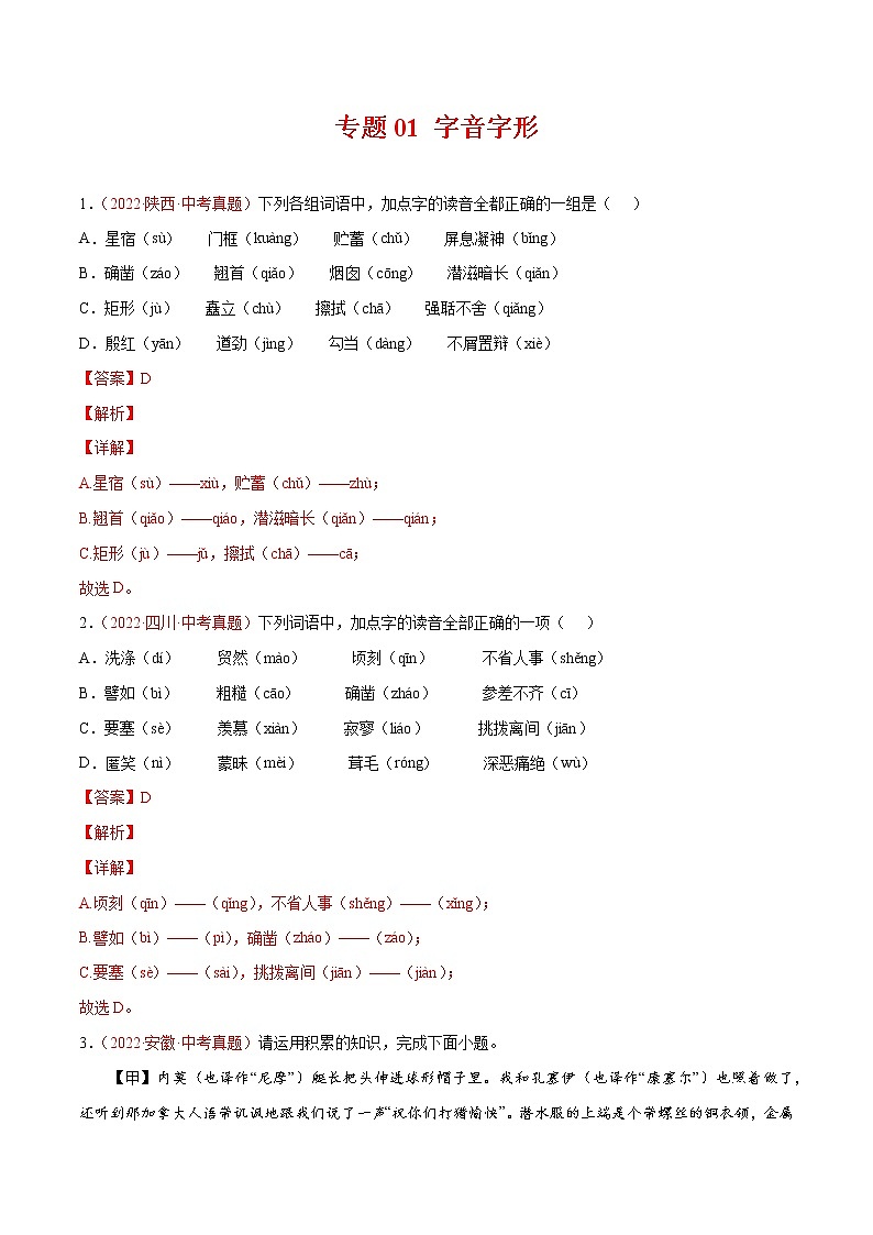 专题01 字音字形-三年（2020-2022）中考语文真题分项汇编（全国通用）（解析版）第1页
