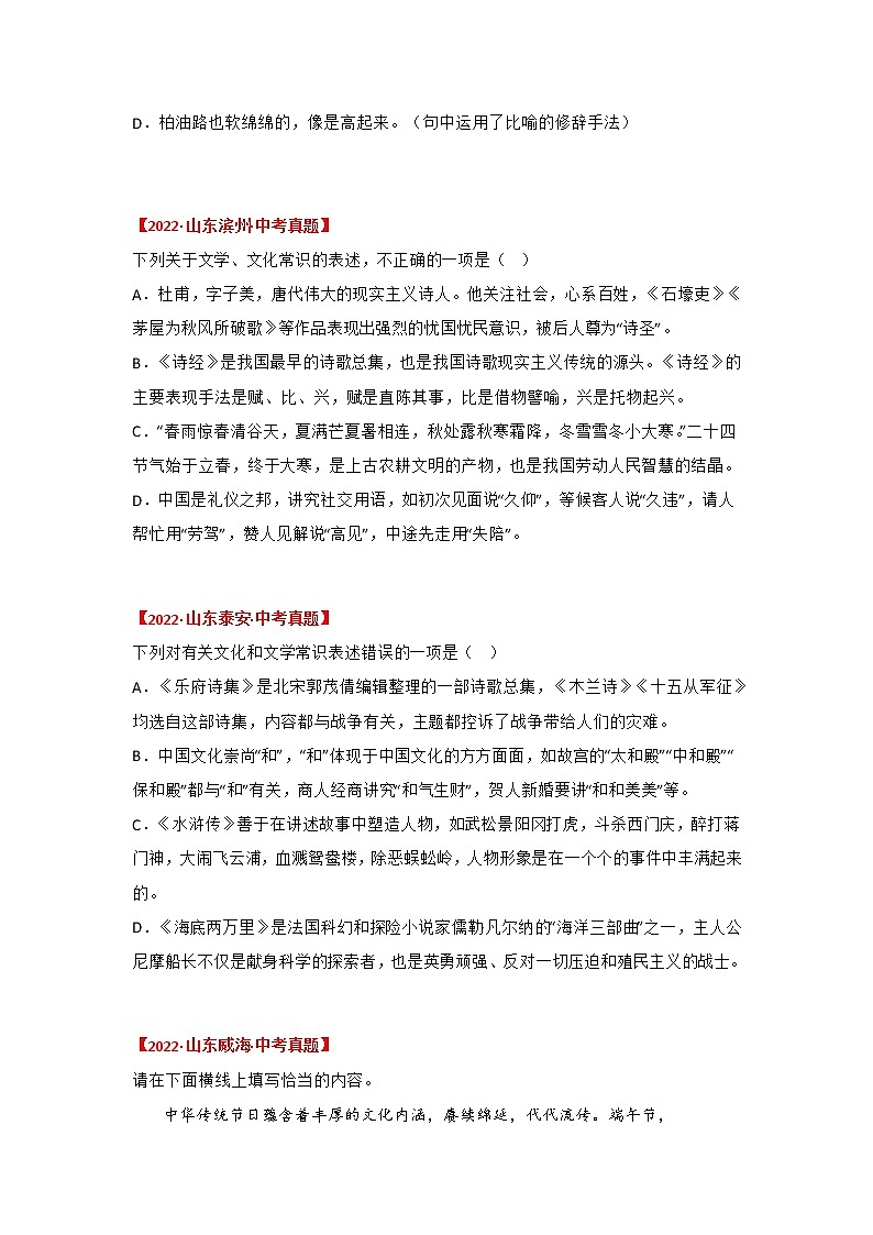 专题05 语法、文学文学常识（原卷版）-三年（2020-2022）中考真题语文分项汇编（山东专用）第2页