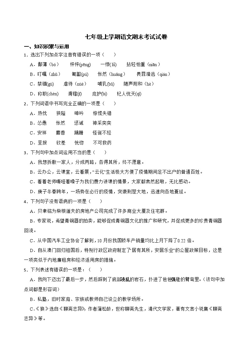 黑龙江省齐齐哈尔市铁锋区2022年七年级上学期语文期末考试试卷及答案第1页
