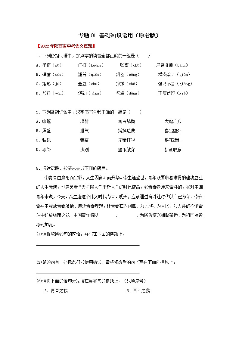 专题01 基础知识运用（原卷版）-三年（2020-2022）中考真题语文分项汇编（陕西专用）第1页
