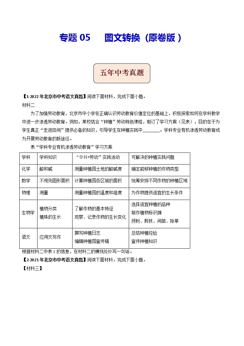 专题05  图文转换 (原卷版）-5年（2018-2022）中考1年模拟语文分项汇编（北京专用）第1页
