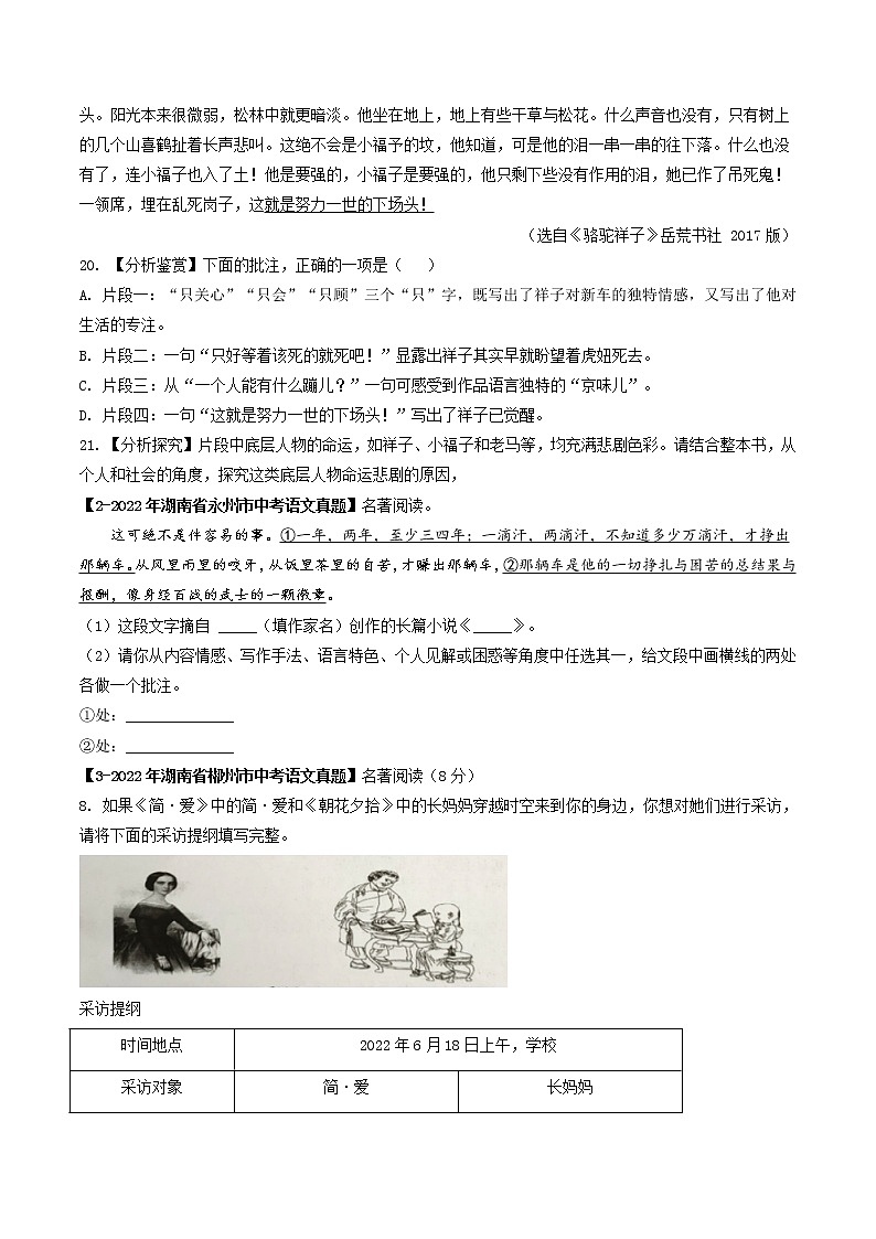 专题17  名著阅读 (原卷版）-5年（2018-2022）中考1年模拟语文分项汇编（湖南专用）第2页