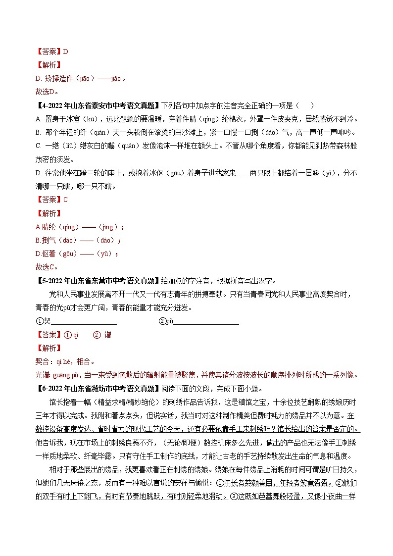 2018-2022年山东中考语文5年真题1年模拟汇编 专题01 字音（学生卷+教师卷）02