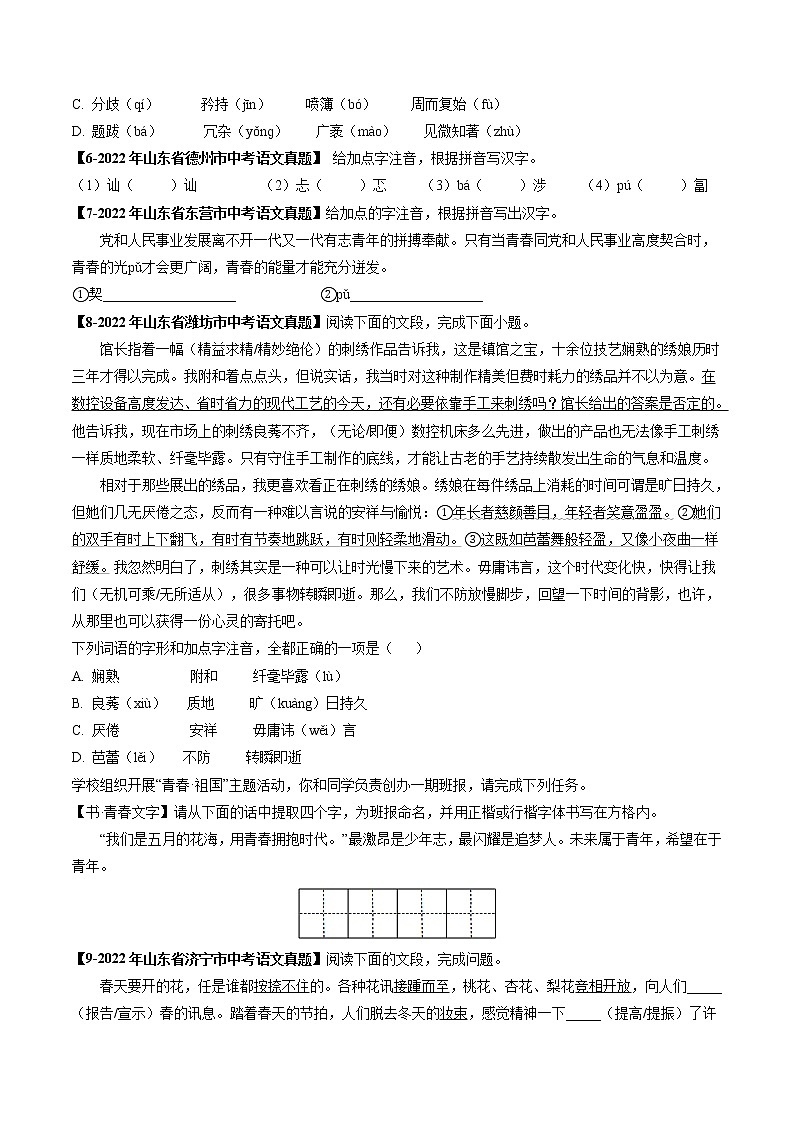 专题02  字形 (原卷版）-5年（2018-2022）中考1年模拟语文分项汇编（山东专用）第2页