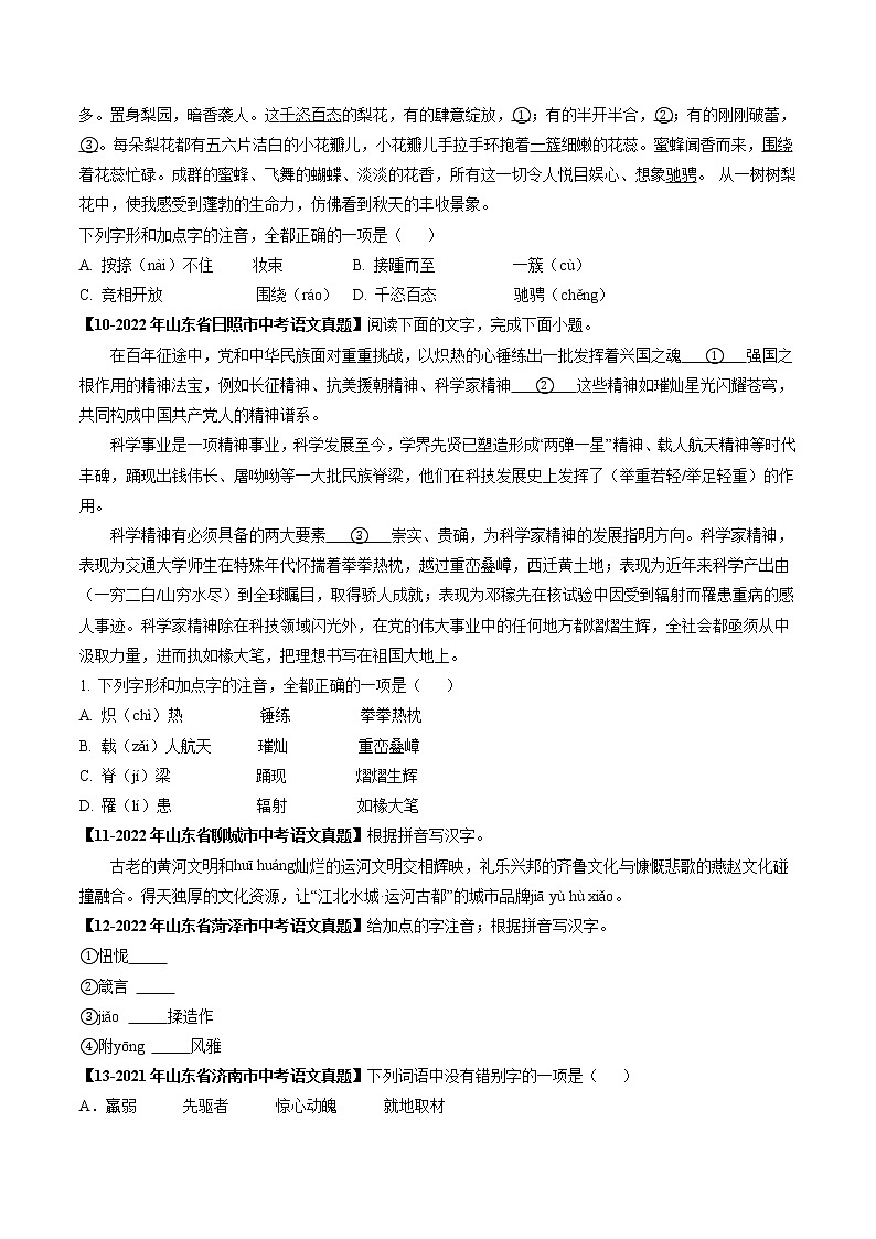 专题02  字形 (原卷版）-5年（2018-2022）中考1年模拟语文分项汇编（山东专用）第3页