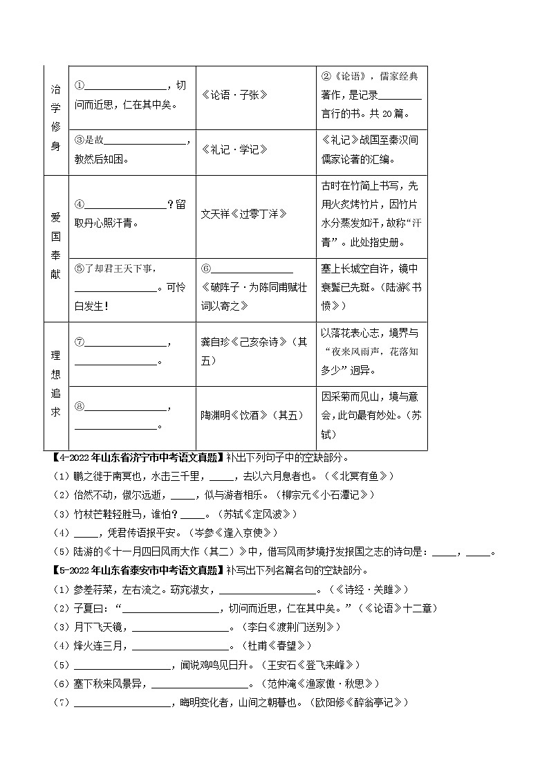 2018-2022年山东中考语文5年真题1年模拟汇编 专题14 名句默写（学生卷+教师卷）02