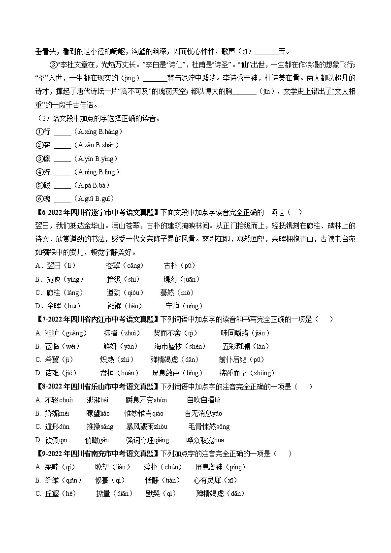 2018-2022年四川中考语文5年真题1年模拟汇编 专题01 字音（学生卷+教师卷）02