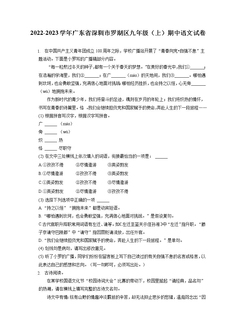 2022-2023学年广东省深圳市罗湖区九年级（上）期中语文试卷（含答案解析）01
