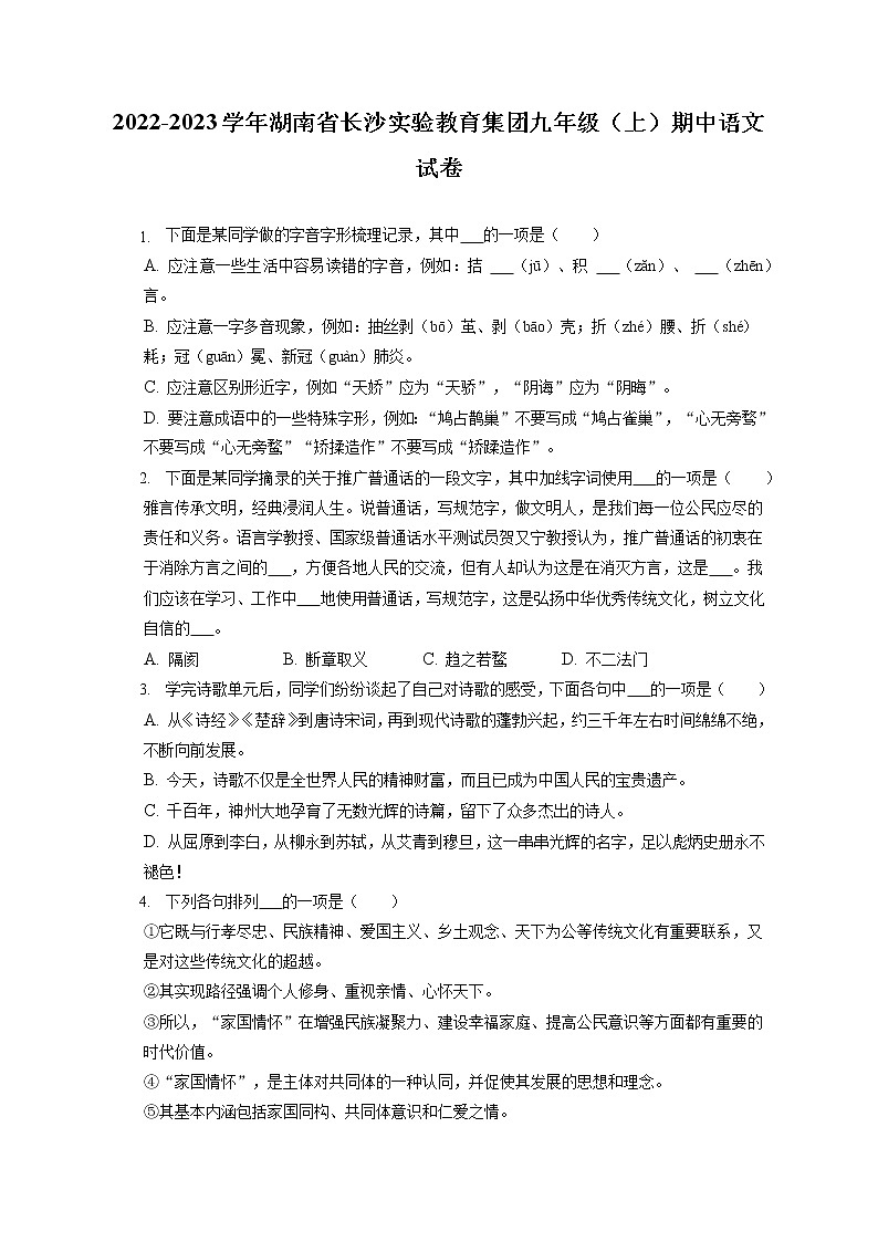 2022-2023学年湖南省长沙实验教育集团九年级（上）期中语文试卷（含答案解析）01