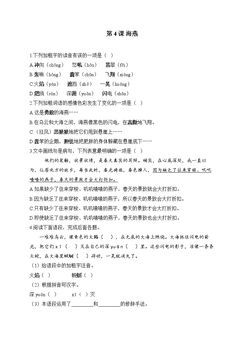 第4课 海燕——2022-2023学年人教部编版语文九年级下册课堂小练01