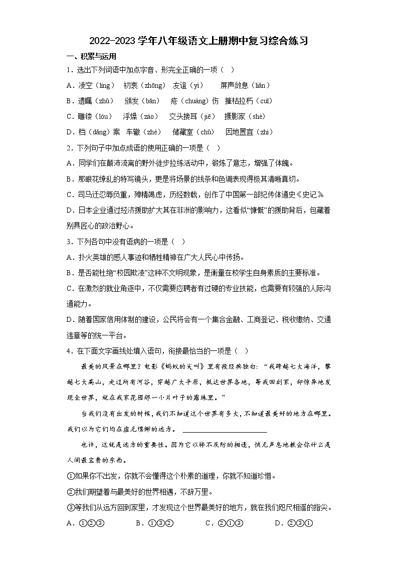 2022-2023学年部编版语文八年级上册期中复习综合练习01