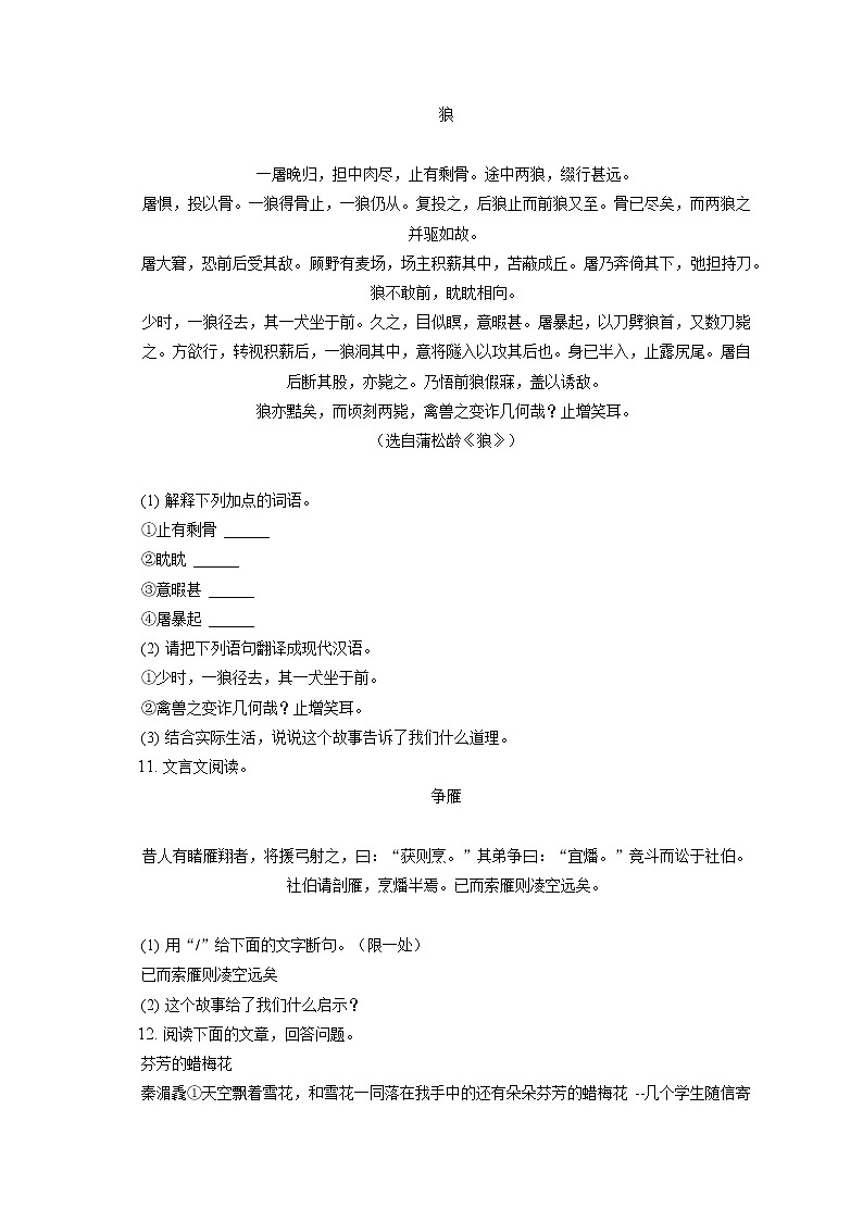 2021-2022学年新疆克拉玛依市白碱滩区七年级（上）期末语文试卷（含答案解析）03