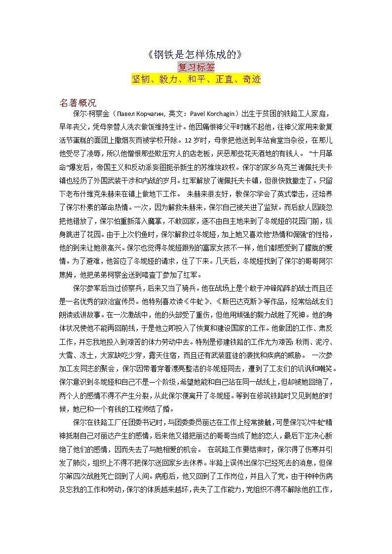 2023年中考语文名著导读知识一点通+练习+标签作文《钢铁是怎样炼成的》（原卷+解析）01