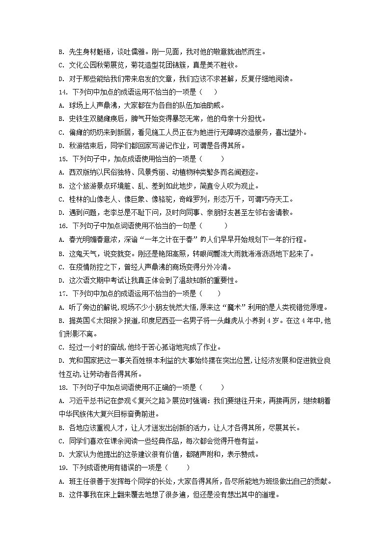 考点2  成语的理解与运用-2022-2023学年七年级上册语文期中考试高频考点专题训练（原卷版）第3页