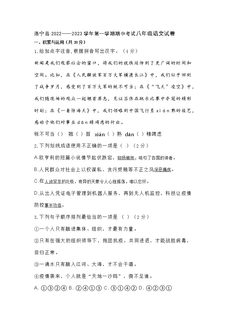 河南省洛阳市洛宁县2022-2023学年八年级上学期期中语文试题(含答案)第1页