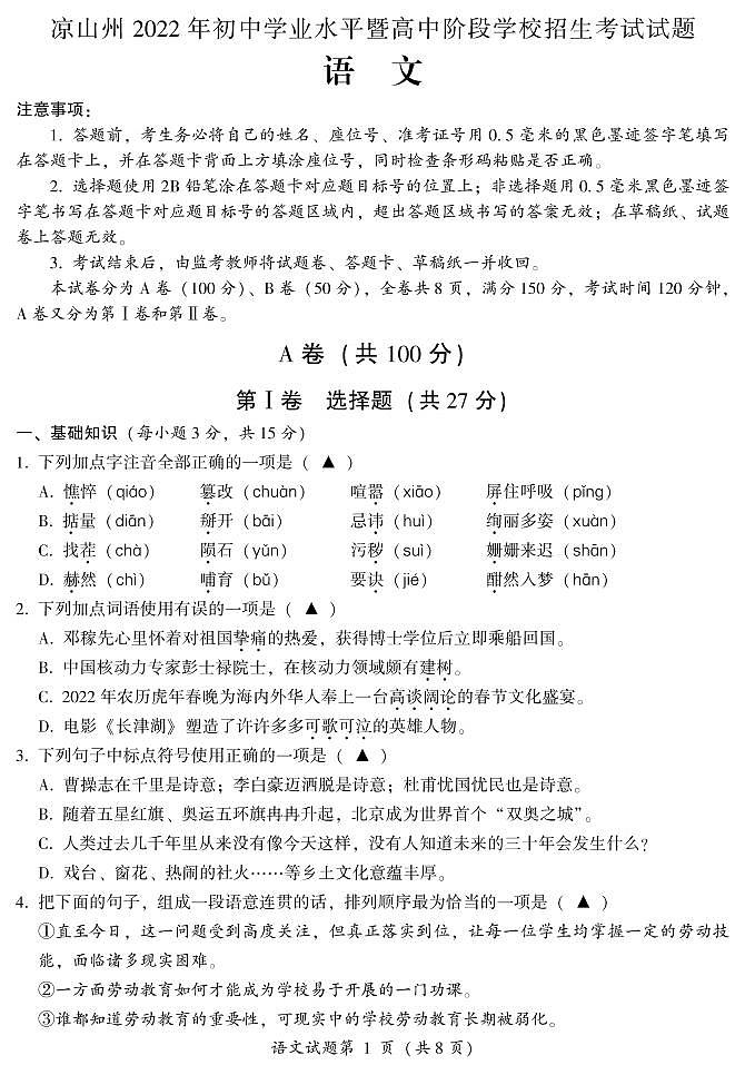 2022年四川省凉山州中考语文真题01