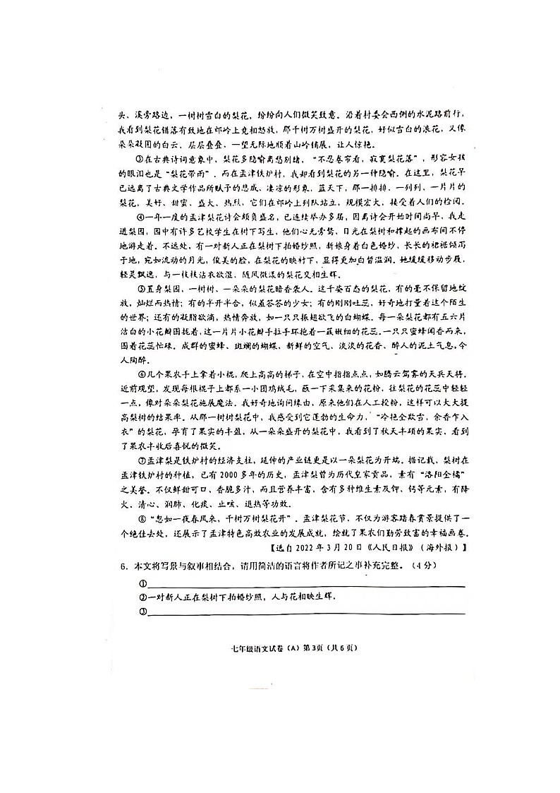 河南省信阳市潢川县2022—2023学年七年级上学期期中考试语文试题（含答案）第3页