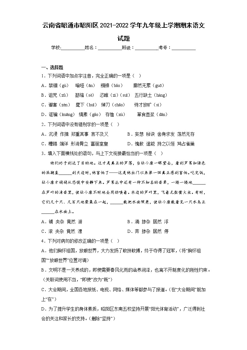 云南省昭通市昭阳区2021-2022学年九年级上学期期末语文试题(含答案)01